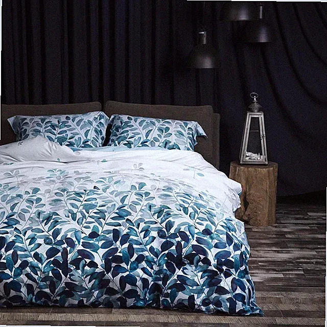 100% Long Staple Cotton Duvet Cover Set Gradient Blue Leaves Printed Comforte...