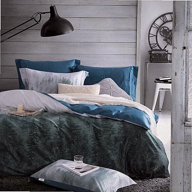 100% Long Staple Cotton Forest Duvet Cover Set Green Gradient Trees Mountains...