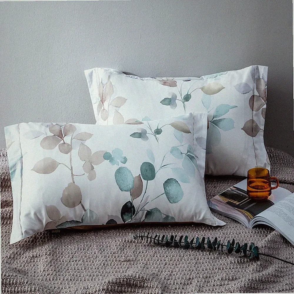 2 Pillow Shams Long-Staple Cotton Gradient Teal Leaves King 20"x36"