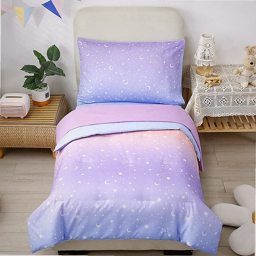 4 Piece Bedding Set for Girls Glitter Purple Orange Bedding Set Gradient Star...