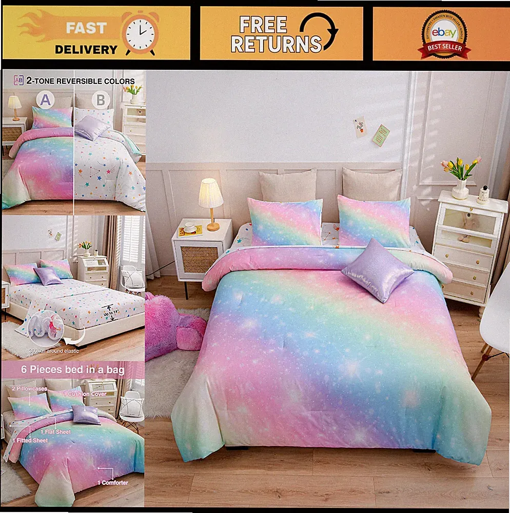 6Pcs Gradient Glitter Bedding Set, Colorful Rainbow Galaxy Comforter, Full Size