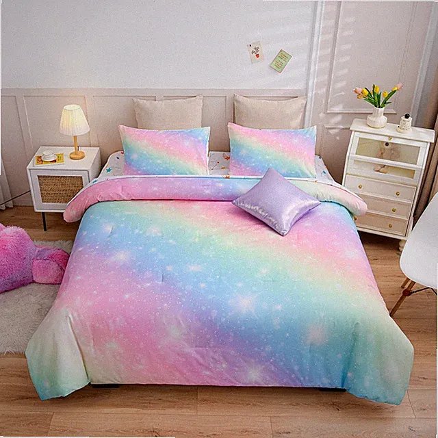 6Pcs Gradient Glitter Bedding Set for Girls Full Size, Colorful Rainbow Galax...