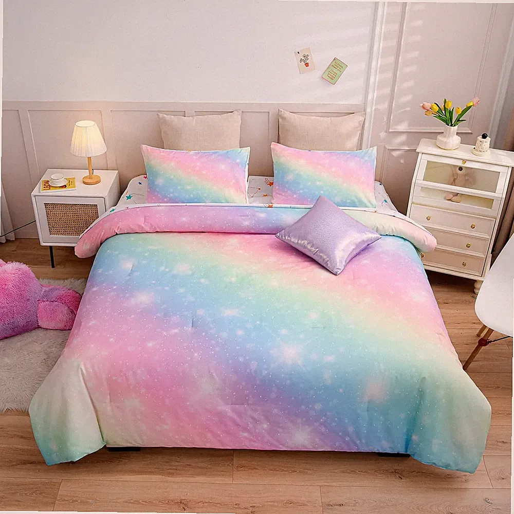 6Pcs Gradient Glitter Bedding Set for Girls Full Size, Colorful Rainbow Galaxy C