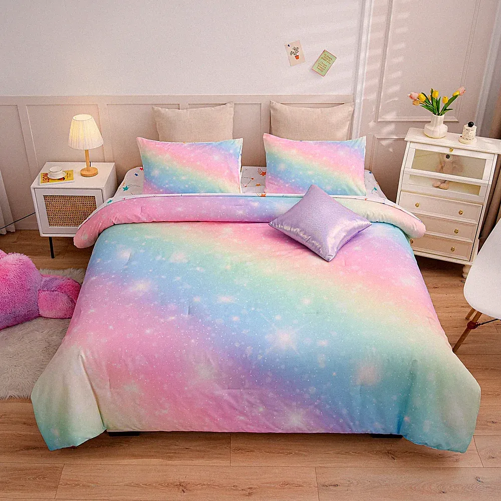 6Pcs Gradient Glitter Bedding Set for Girls Twin Size, Colorful Rainbow Galax...