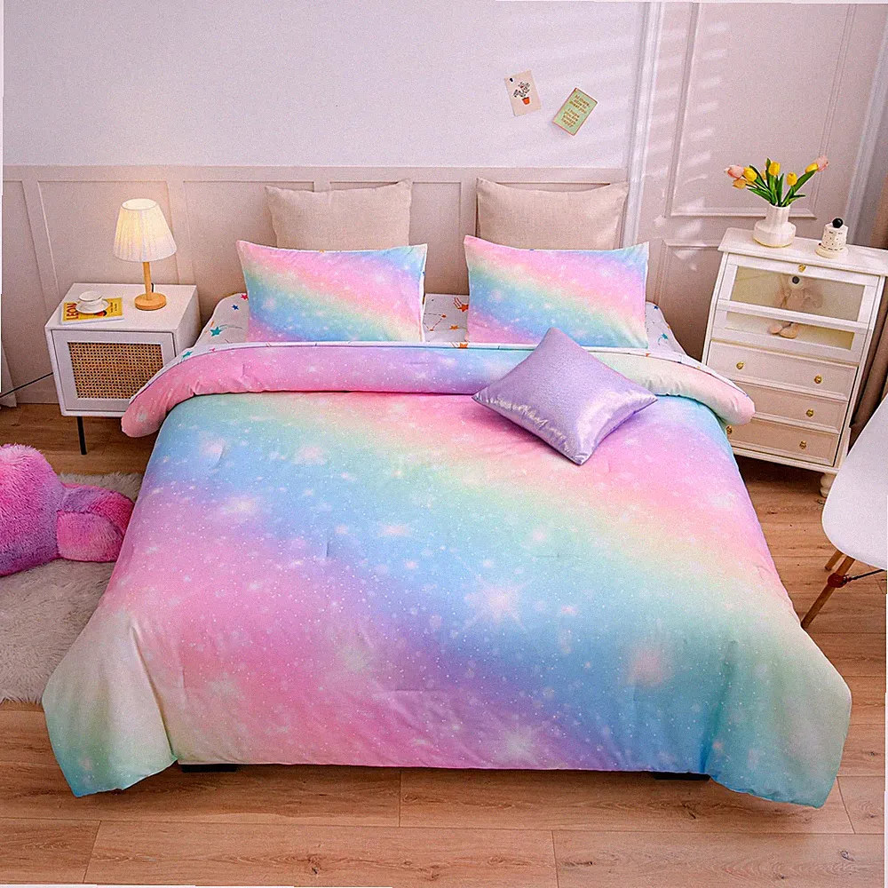 A Nice Night 6Pcs Gradient Glitter Bedding Set for Girls Full (6-Piece), Pink