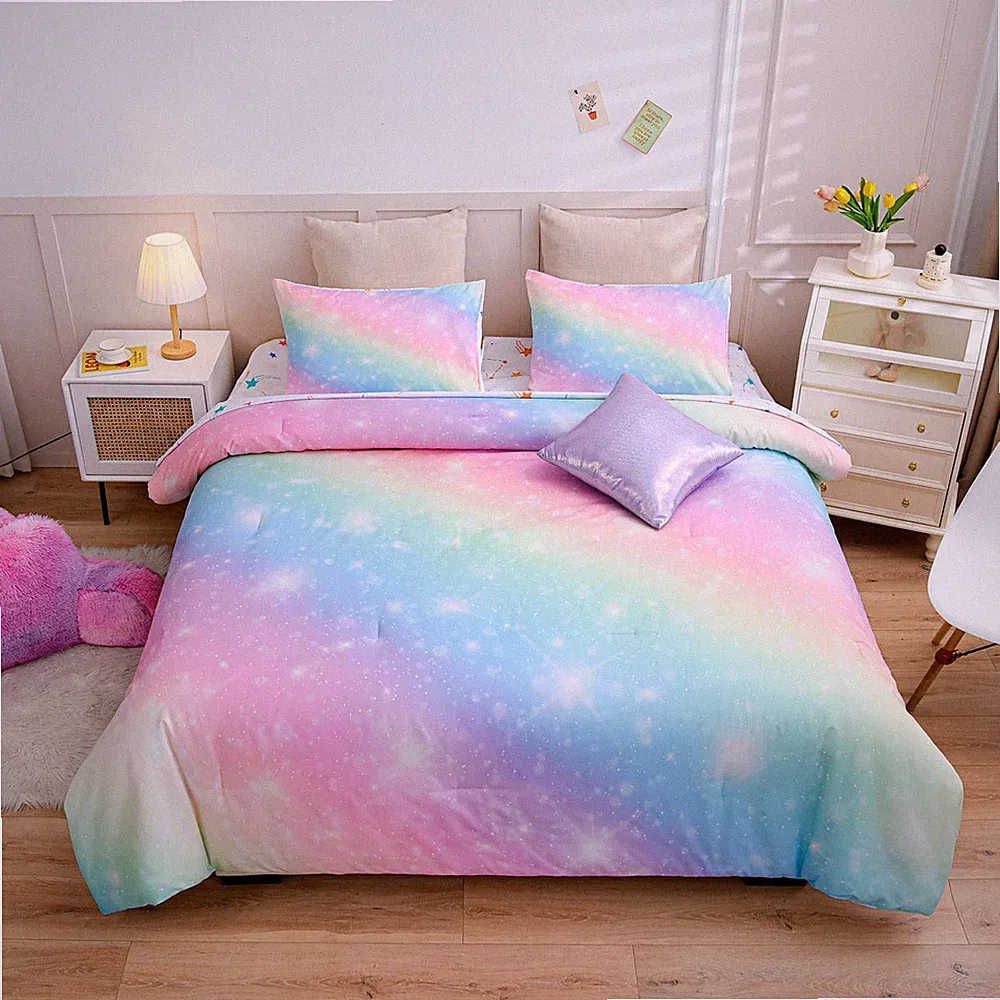A Nice Night 6Pcs Gradient Glitter Bedding Set for Girls Twin (6-Piece), Pink