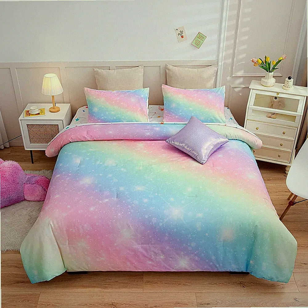 A Nice Night 6Pcs Gradient Glitter Bedding Set for Queen (6-Piece), Pink