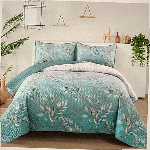 Aninbedding Floral Queen Quilt Set,3 Piece Gradient Flower Queen(96"x90") Aqua