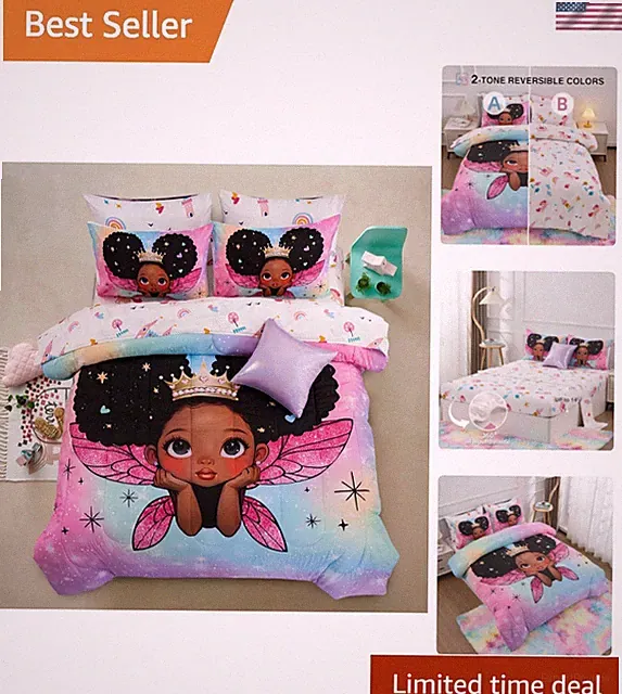 Black Girl Princess with Wings Comforter Set,Pink Gradient Glitter Rainbow Ga...