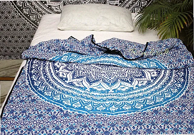 Blue Ombre Mandala Twin Quilt 100% Cotton Filled Single Quil, Reversible Blanket