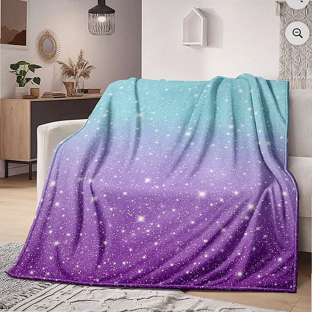 Blue Purple Gradient Glitter Throw Blanket Bed Rainbow Soft Cozy Fleece 80"x60"
