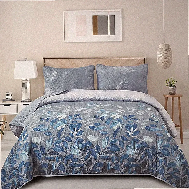 Blue Quilt Set King Size,3 Pieces Navy Blue Floral Bedspread Coverlet Set with 2
