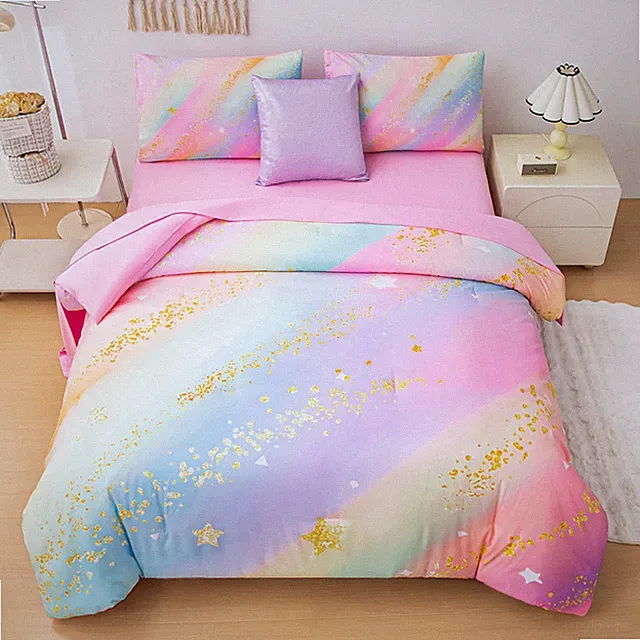 Bqh Rainbow Bedding Set Queen Size 6-Piece Reversible Girls Comforter