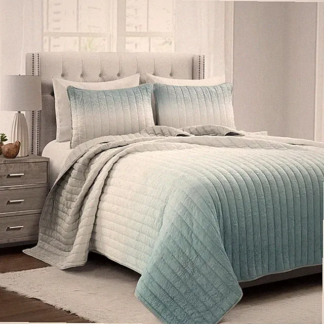Crinkle Ombre 3 Piece Quilt Set, Full/Queen, Blue & Gray
