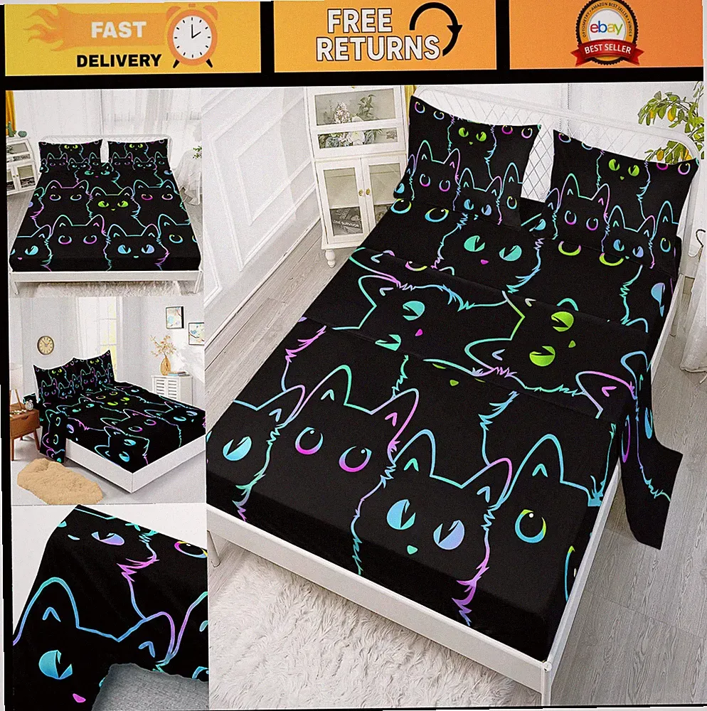 Cute Cat Twin Bedding Set, 4-Piece Kawaii Bed Sheets, Gradient Design, Fitted &