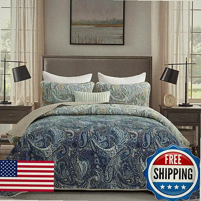 DJY King Paisley Quilt Set Khaki Blue Gradient Boho Bedspread Coverlet
