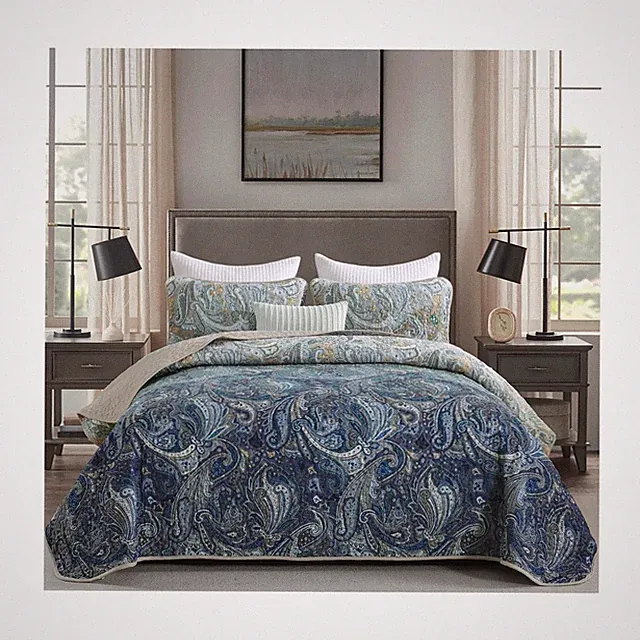 DJY Paisley Quilt Set Queen Size Khaki Blue Gradient Boho Bedspread... Fast Ship