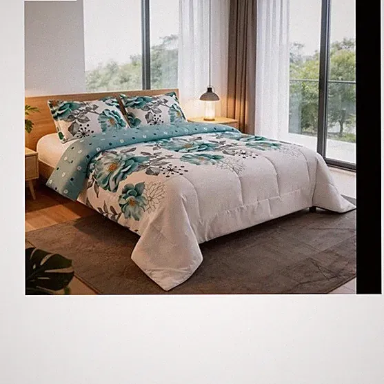 Floral Teal, White, Gray Comforter Set with Pillow Shams for Bedroom