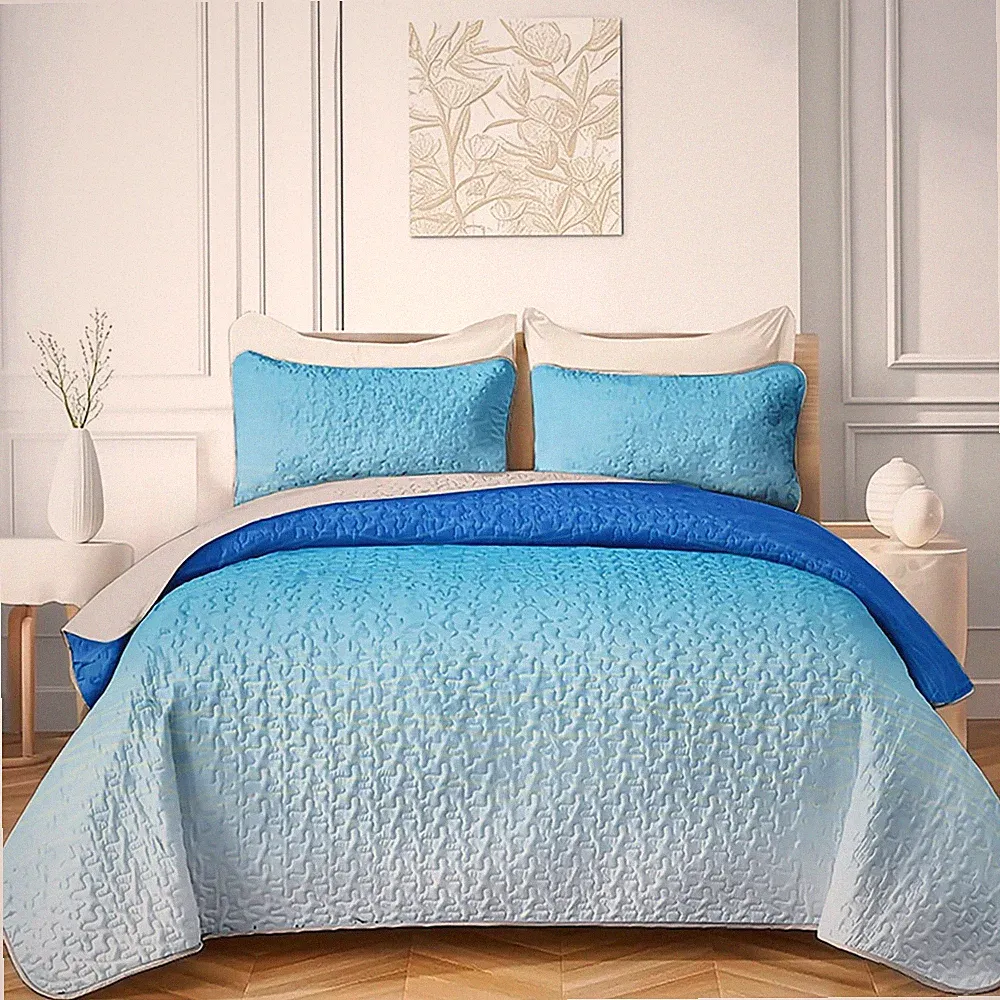 Gradient Blue Quilt Bedding Set King, Soft Lightweight Bedspread Comforter Set