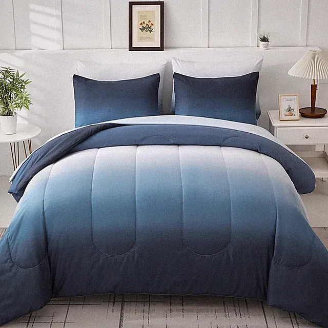 Gradient Blue White Comforter Set King Size 7 Pieces Ombre Navy Blue Bed in a Ba