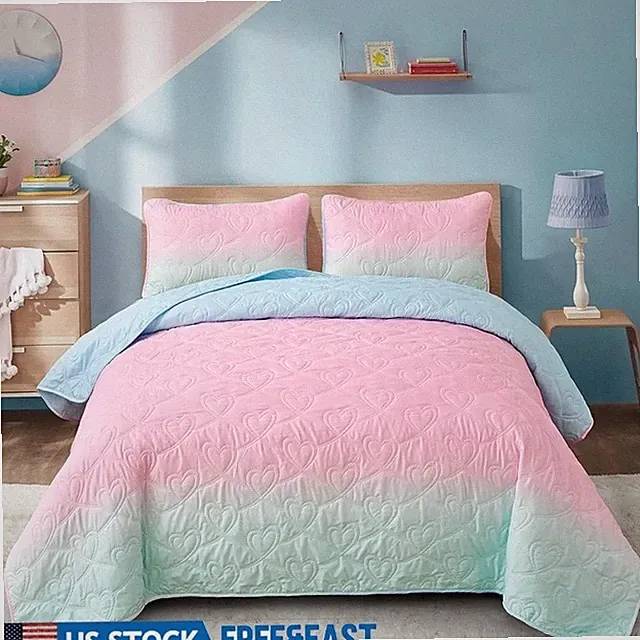 Gradient Design Quilt Set Soft Microfiber Bedspread W/ Pillowcases All Seasons