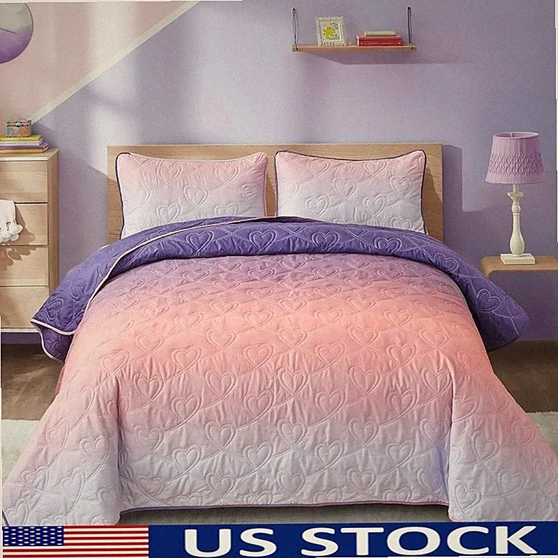 Gradient Microfiber Quilt Set Soft Comfortable Bedding Decor All Seasons 3PCs US