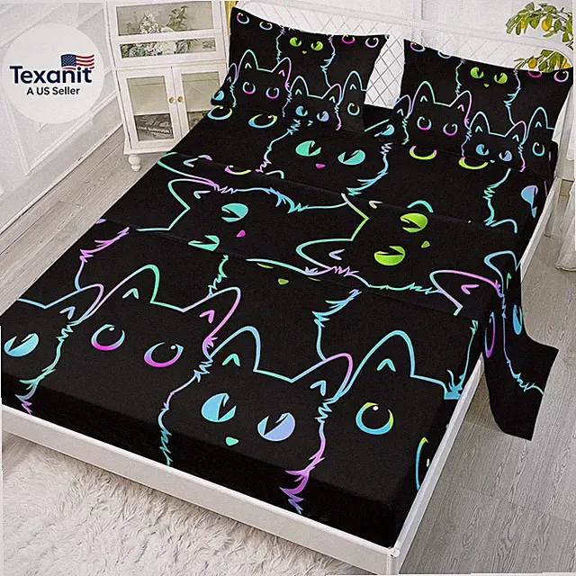 Kids Bedding Cute Cat Sheet Set Twin Size, Gradient Line, 4Pcs Kawaii Cat Bed Se