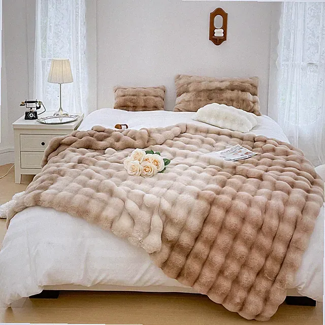 Luxury Faux Rabbit Fur Blanket 2-Ply Reversible Bubble Plush Fleece Bed Blanket