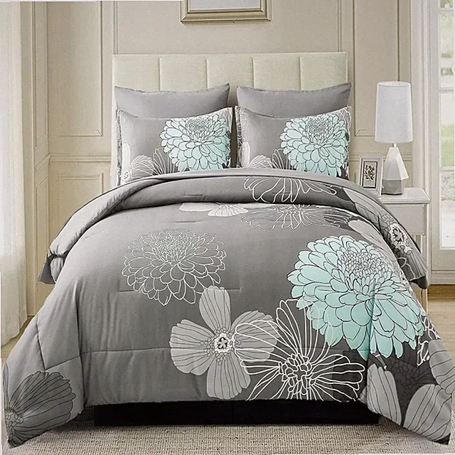 Menghomeus Cyan Floral Queen Comforter Set 3PC Soft Microfiber Lightweight​