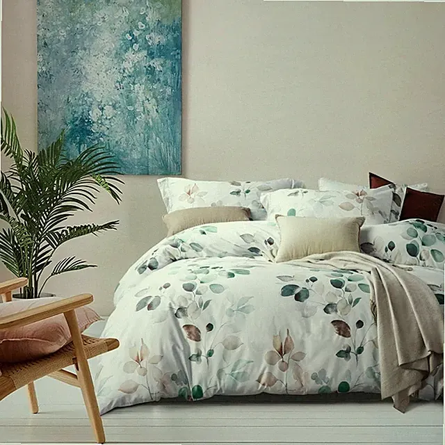 MILDLY 100 Long-Staple Cotton Duvet Cover Set, Gradient Teal Leaves Pattern