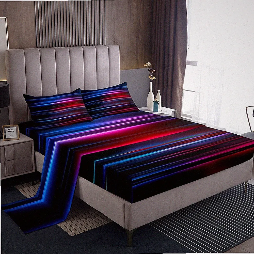 Ombre Bed Sheets Set Twin, Red Blue and Black Striped Sheet Set Gradient Cont...