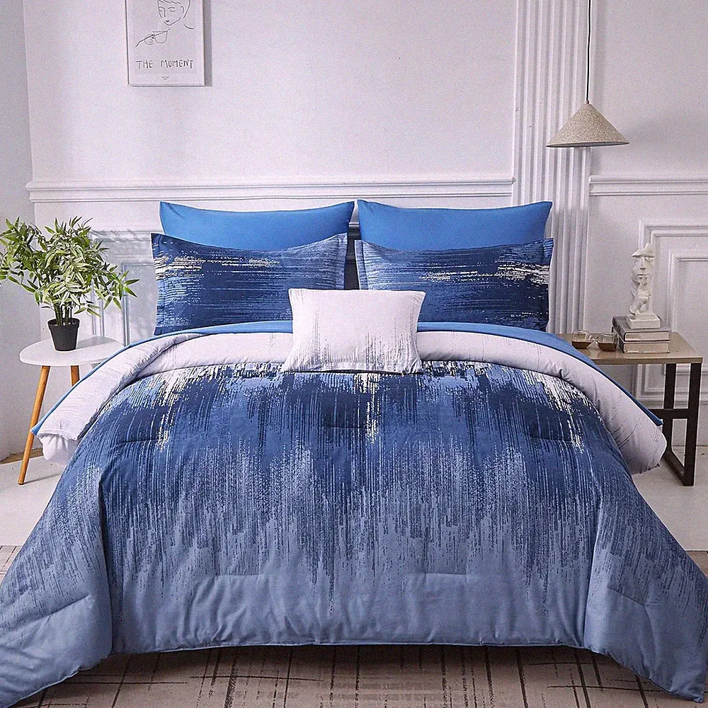 Ombre Blue Comforter Set Queen Size Reversible Gradient Blue Grey Boho Bedding S