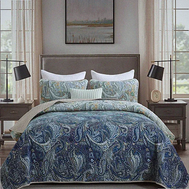 Paisley Quilt Set Queen Size, Boho Bedspread Coverlet Set 3 Pieces, Khaki Blu...