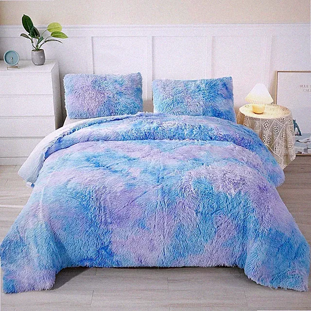 Pastel Ombre Faux Fur Twin Comforter Set - 3 Piece Shaggy Bedding for Girls