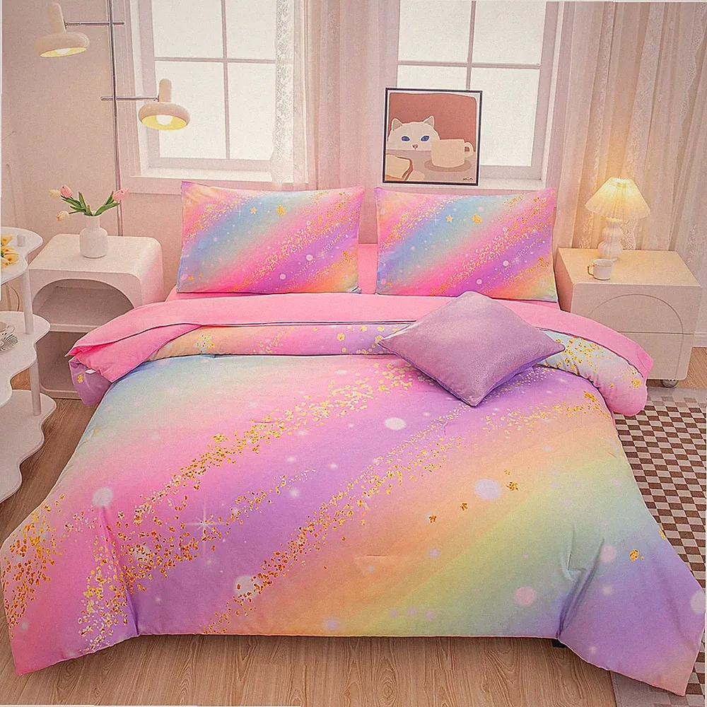 Pastel Rainbow Twin Bedding Set - 6-Piece Reversible Comforter & Sheets