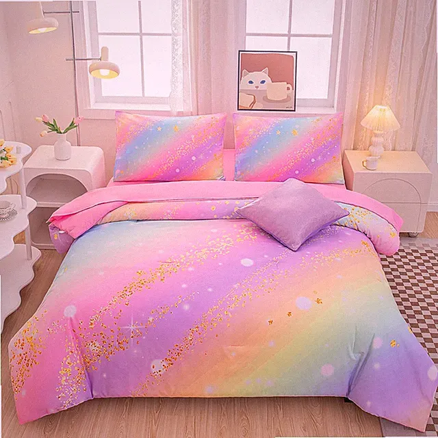Rainbow Bedding Set Full Size – 6-Piece Reversible Girls Comforter with Deep-Poc