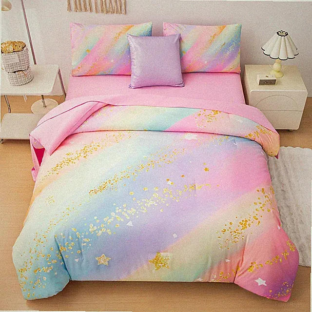 Rainbow Bedding Set Queen Size – 6-Piece Reversible Girls Comforter with Deep...