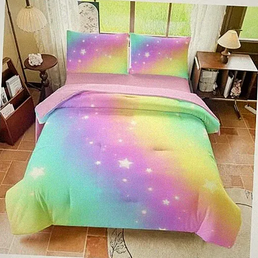 Rainbow Bedding Set Size – 5 Piece Reversible Girls Full Smudge Gradient