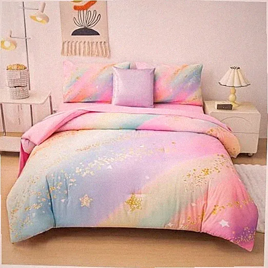 Rainbow Bedding Set Size – 6-Piece Reversible Girls Twin Pastel Gradient
