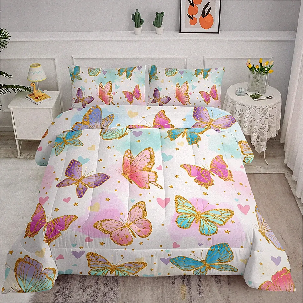 Rainbow Butterflies Comforter Set,Twin Comforter Set for Girls,Gradient Pink...