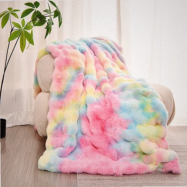 Rainbow Color 2-Ply Reversible Blanket Faux Rabbit Fur Plush Sofa Throw Blanket