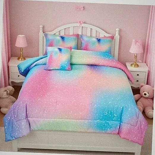 Rainbow Comforter Set Queen for Girls 6 Pieces Queen(6pcs) Colorful Rainbow