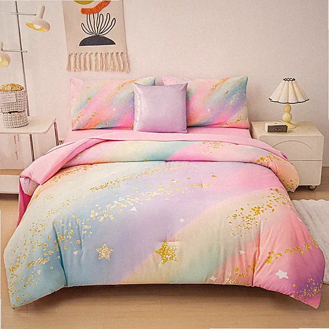 Rainbow Galaxy Bedding Set - 6-Piece Full Comforter & Sheet Set for Kids