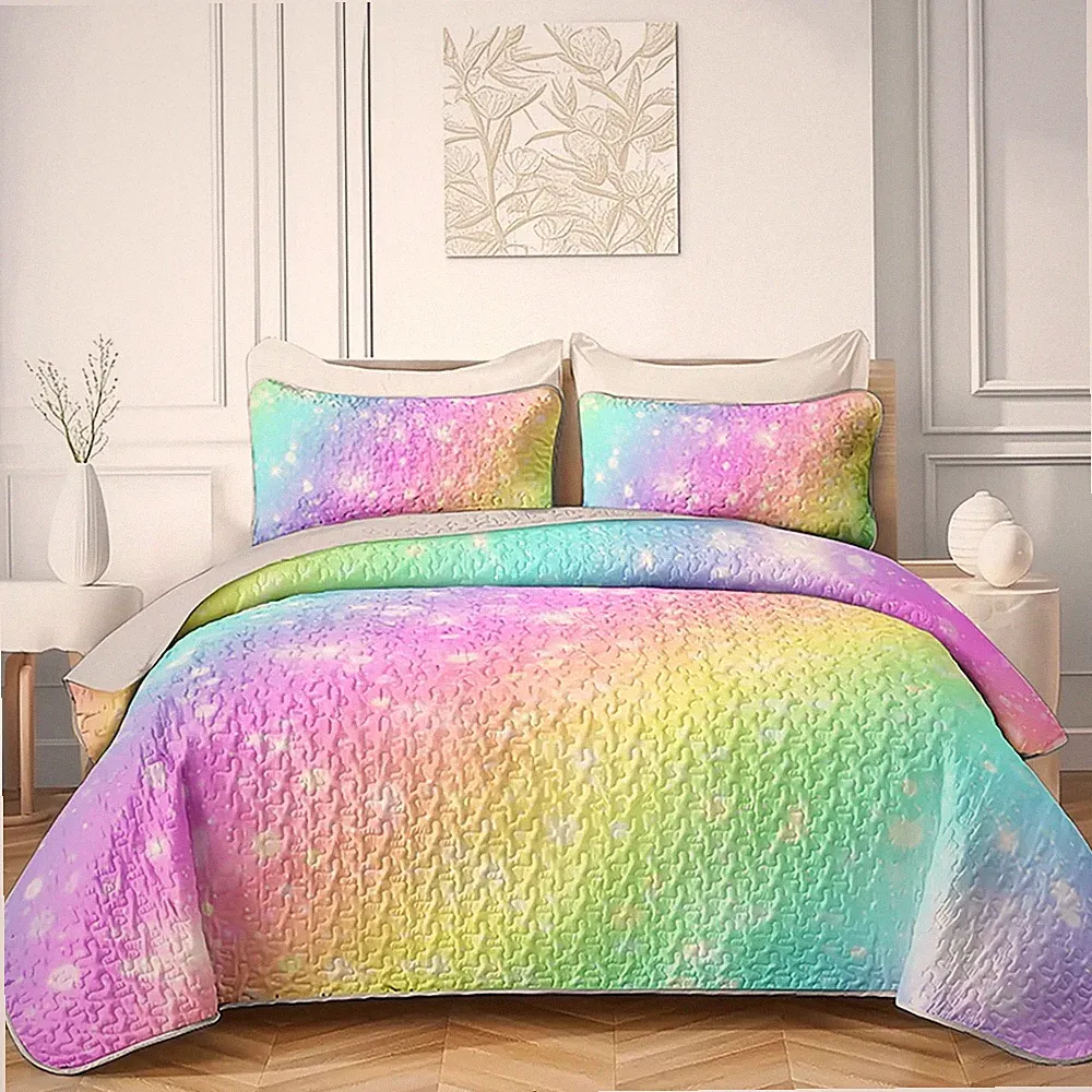 Rainbow Quilt Set King Size - Pastel Colorful Gradient Comforter Set with Pil...