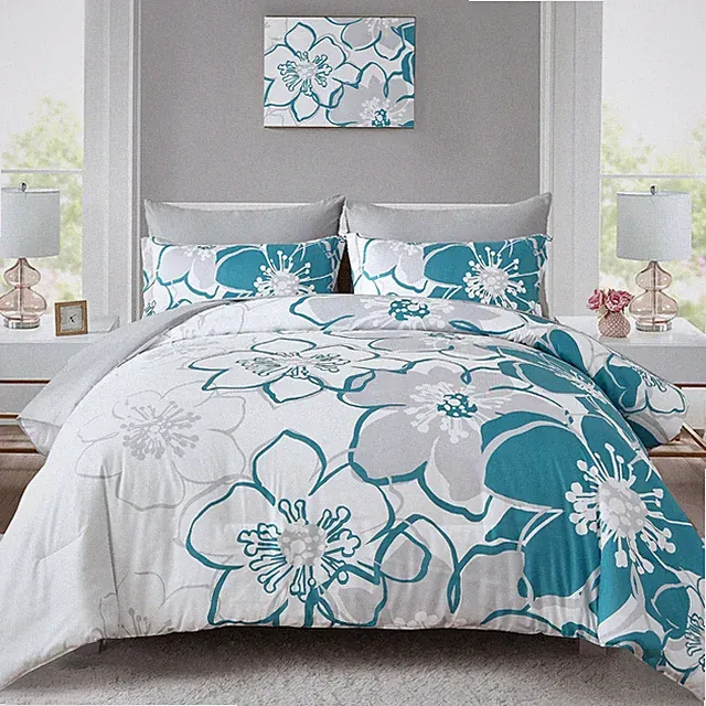 Teal Floral Comforter Set Full Size 7 Piece, Teal Blue Flower Bed in a Bag, E
