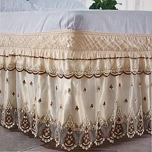 Top Double Layers Embroidered Flowers Lace Ruffle Bed Skirts with Elastic Belt