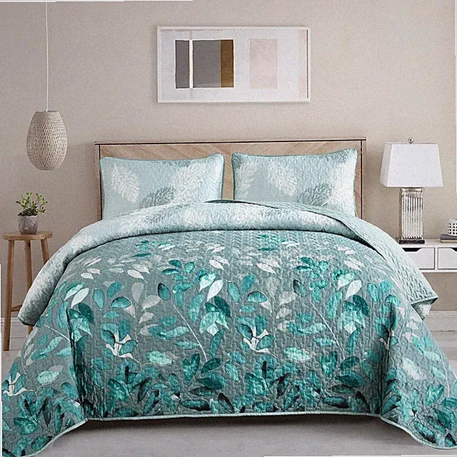 WONGS Floral Botanical Leaves Gradient Bedspread Coverlet Quilt Set Queen King