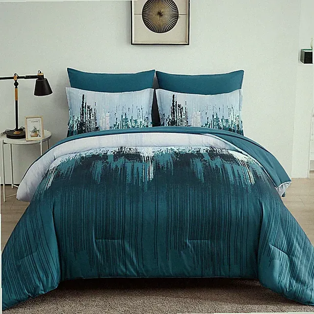 WONGS Queen King Teal Blue Abstract Art Gradient Soft Microfiber Comforter Set